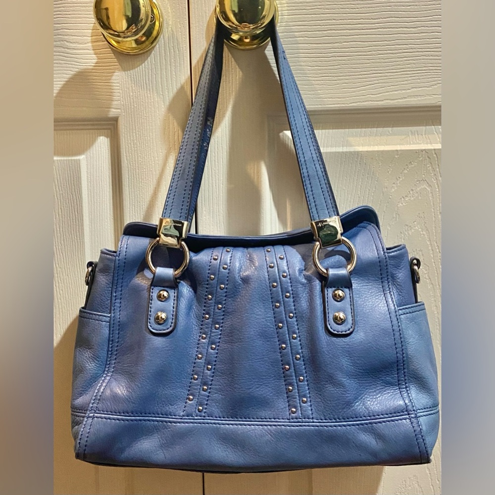 B. Makowsky Blue Leather Satchel/Handbag Leopard Lining